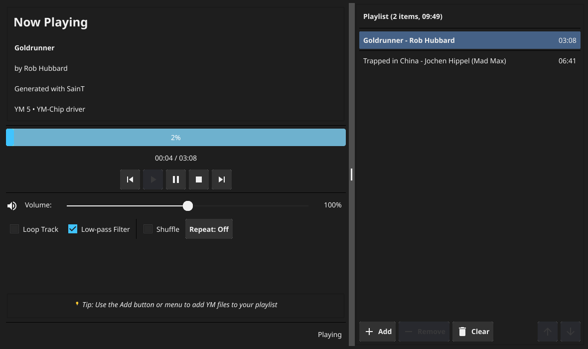 Interface graphique de YM Player